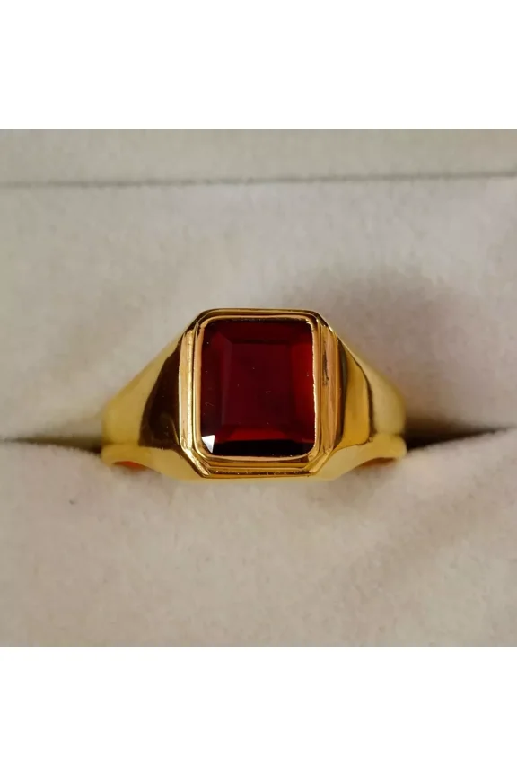 Lab Created Emerald Cut 3.50Ct Garnet Engagement Men's Ring 14k Yellow Gold Over