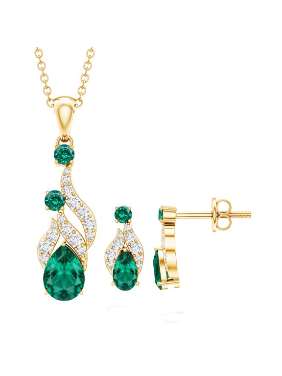Lab Grown Emerald Pendant and Earrings Set - AAAA Grade - Emerald Diamond Bridal Jewelry Set - with Jewelry Box, 14K Yellow Gold