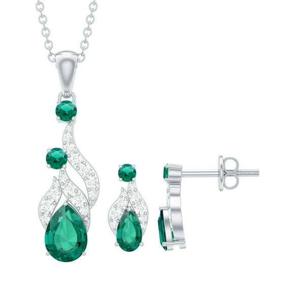 Rosec Jewels Lab Created Emerald Dangle Jewelry Set with Diamond for Women - AAAA Quality, 925 Sterling Silver