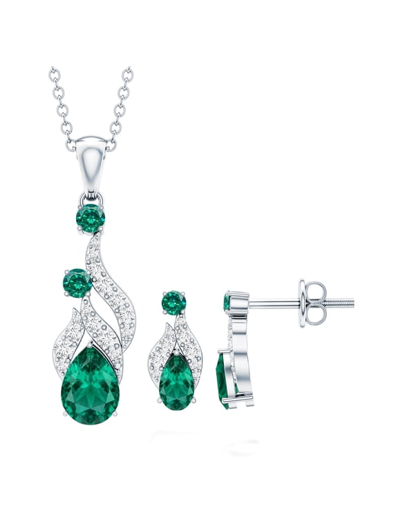 Lab Grown Emerald Pendant and Earrings Set - AAAA Grade - Emerald Diamond Bridal Jewelry Set - with Jewelry Box, 925 Sterling Silver