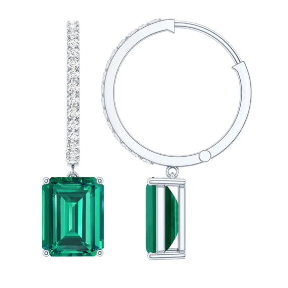 Rosec Jewels Certified Lab Grown Emerald Drop Earrings for Women (4.6 Carat, AAAA Quality) - Emerald Hoop Earrings with Diamond, 10K White Gold