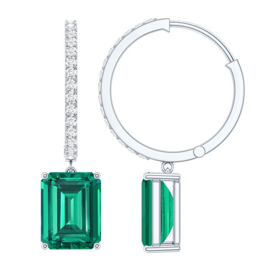 Rosec Jewels Lab Created Emerald Drop Earrings with Moissanite for Women - 7X9 mm, 10K White Gold