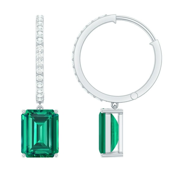 Rosec Jewels Lab Created Emerald Drop Earrings with Moissanite for Women - 7X9 mm, 10K White Gold