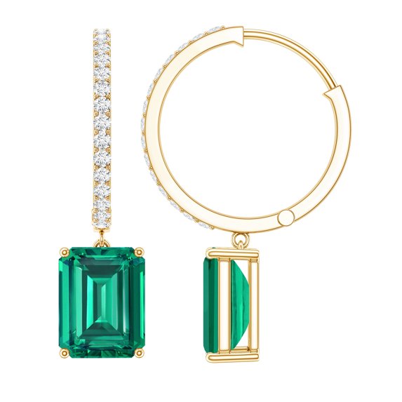 Rosec Jewels Lab Created Emerald Drop Earrings with Moissanite for Women - 7X9 mm, 14K Yellow Gold