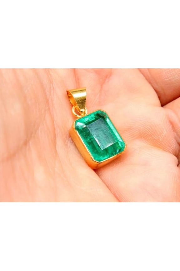 Lab-Created Emerald Pendant For Gift Silver Jewelry Gold Plated Birthstone Pendant