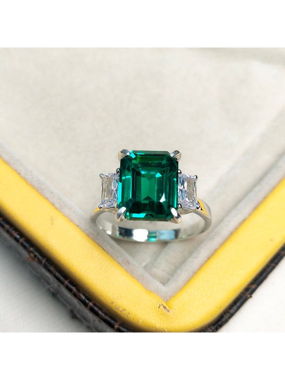Lab Created Emerald Ring, 925 Sterling Silver Ring, Octagon Cut Lab Emerald Ring, Green Gemstone Ring, Ring for gift, engagement ring