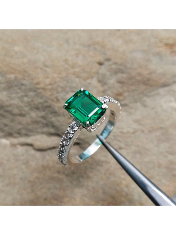 Lab Created Emerald Ring, Octagon Cut Lab Emerald Ring, 925 Sterling Silver Ring, Green Gemstone Ring, Hand Made Ring, Ring for Gift