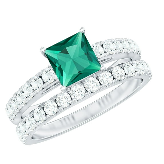 Rosec Jewels Lab Grown Emerald Wedding Ring Set for Women - Princess Cut Engagement Ring with Wedding Band - AAAA Quality, 10K White Gold, US 10.00