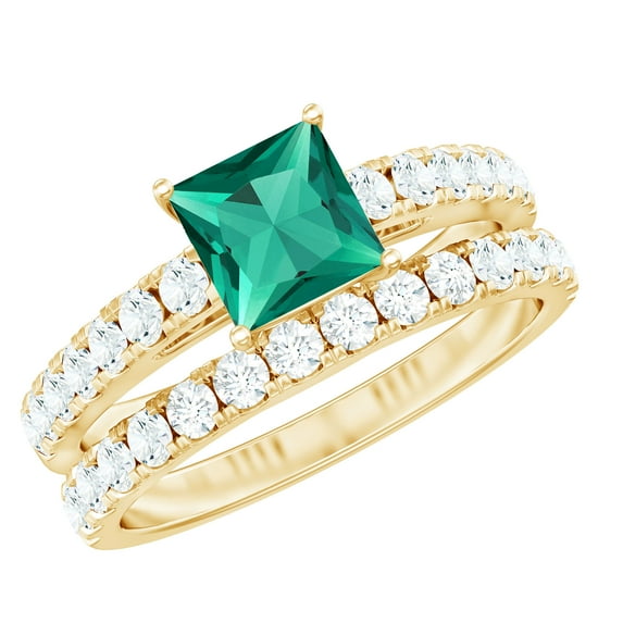 Rosec Jewels Lab Grown Emerald Wedding Ring Set for Women - Princess Cut Engagement Ring with Wedding Band - AAAA Quality, 18K Yellow Gold, US 3.50