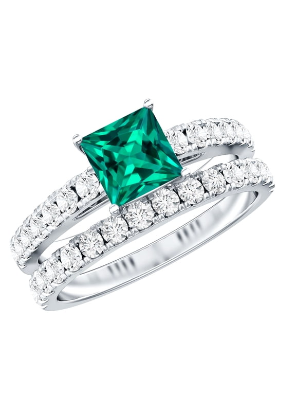 Lab Grown Emerald Wedding Ring Set for Women - Princess Cut Engagement Ring with Wedding Band - AAAA Quality, 925 Sterling Silver, US 4.00