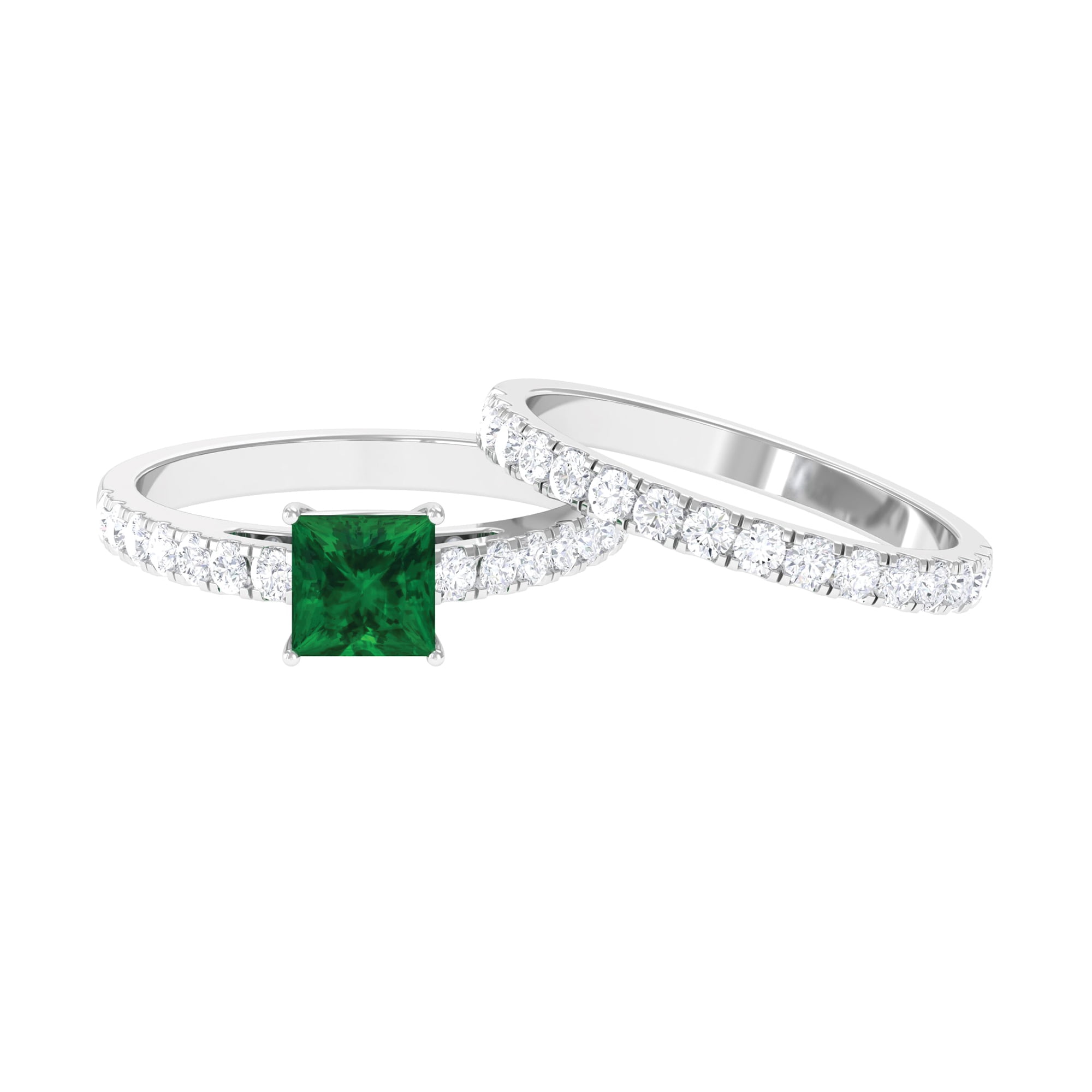 Lab Created Emerald Ring Set with Moissanite for Women (AAAA Grade