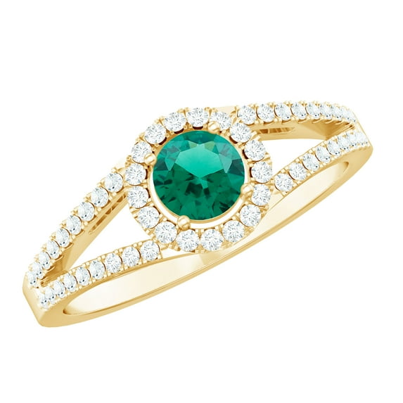 Rosec Jewels Lab Created Emerald Ring with Diamond Halo (1 CT, AAAA Grade), 18K Yellow Gold, US 9.50