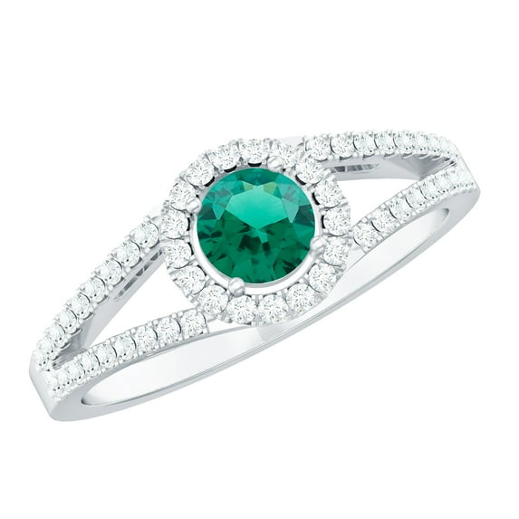 Rosec Jewels Lab Created Emerald Ring with Diamond Halo (1 CT, AAAA Grade), 925 Sterling Silver, US 5.50
