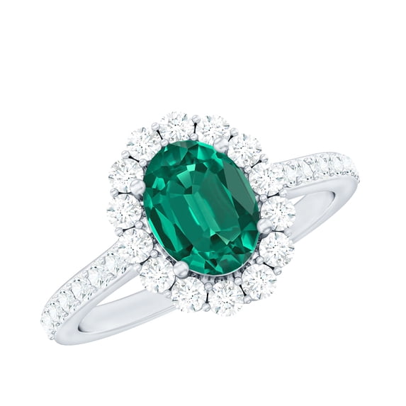 Rosec Jewels Lab Created Emerald Ring with Moissanite Halo for Women - 6X8 mm - AAAA Quality, 14K White Gold, US 3.00