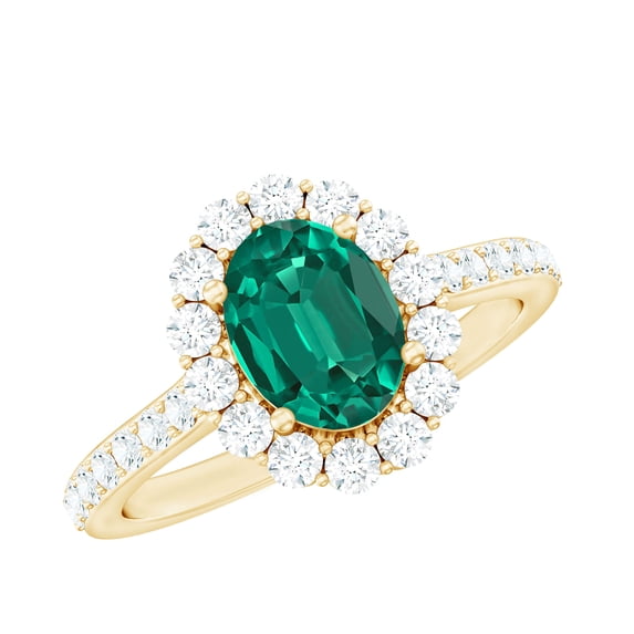 Rosec Jewels Lab Created Emerald Ring with Moissanite Halo for Women - 6X8 mm - AAAA Quality, 18K Yellow Gold, US 8.50