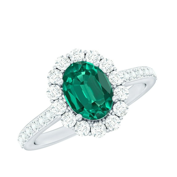 Rosec Jewels Lab Created Emerald Ring with Moissanite Halo for Women - 6X8 mm - 2.50 CT, 925 Sterling Silver, US 4.00