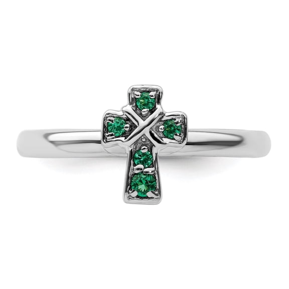 Fine Color Jewels Emerald Dainty Cross Ring Sterling Silver Stackable Style for Women