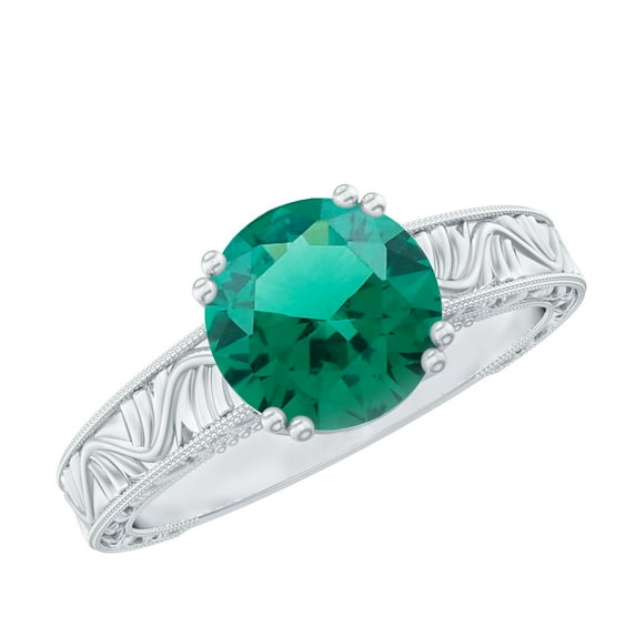 Rosec Jewels Lab Created Emerald Solitaire Gold Engraved Ring for Women (8 mm, AAAA Quality), 10K White Gold, US 5.50
