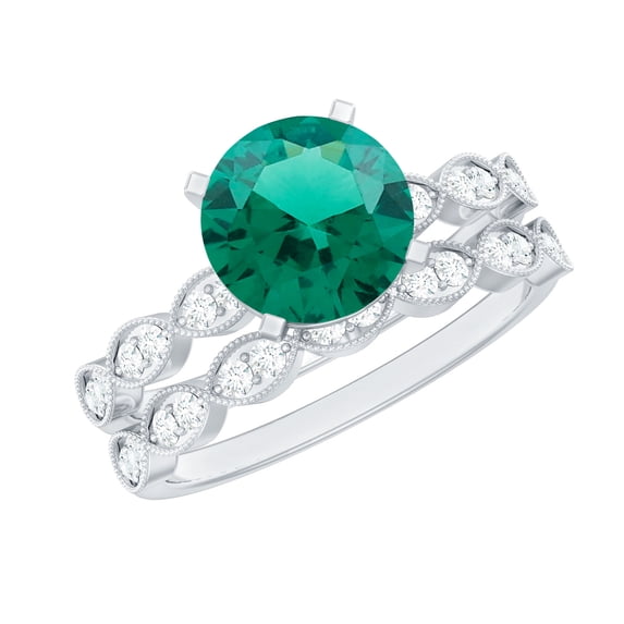 Rosec Jewels Certified Lab Grown Emerald Wedding Ring Set of 2 - Emerald Diamond Engagement Ring with Wedding Band - AAAA Grade, 18K White Gold, US 8.00