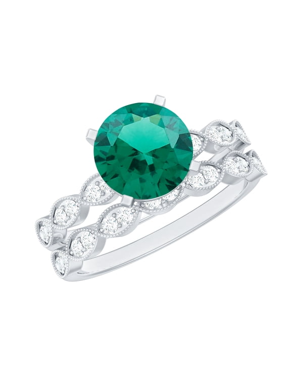 Lab Grown Emerald Wedding Ring Set - 2 Ct Engagement Ring with Wedding Band - AAAA Grade, 925 Sterling Silver, US 4.00