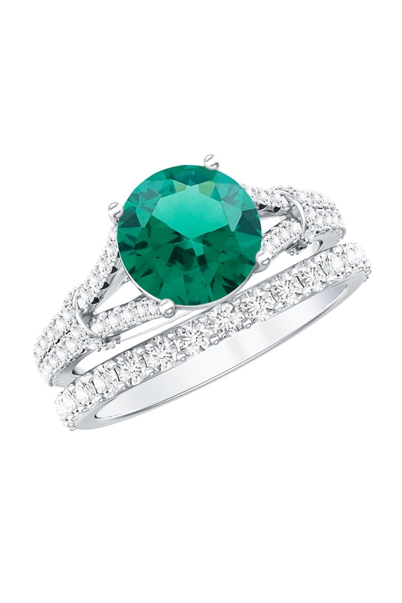 Certified Lab Grown Emerald Wedding Bridal Ring Set with Moissanite - 2 Ct Emerald Engagement Ring and Band, 10K White Gold, US 11.00