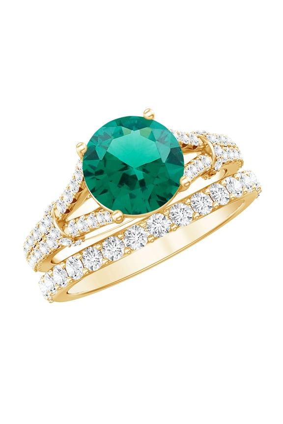 Certified Lab Grown Emerald Wedding Bridal Ring Set with Moissanite - 2 Ct Emerald Engagement Ring and Band, 10K Yellow Gold, US 10.00