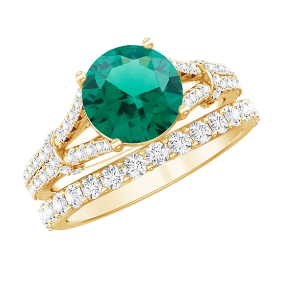 Rosec Jewels Certified Lab Grown Emerald Wedding Bridal Ring Set with Moissanite - 2 Ct Emerald Engagement Ring and Band, 10K Yellow Gold, US 7.50
