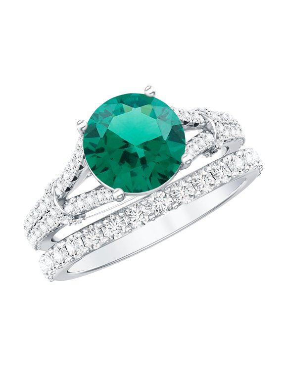 Certified Lab Grown Emerald Wedding Ring Set with Moissanite - 2 Carat Emerald Engagement Ring and Band, 925 Sterling Silver, US 4.00