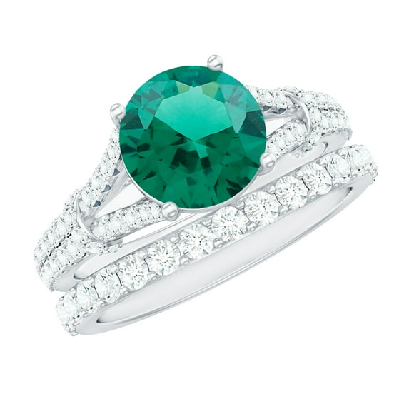 Rosec Jewels Certified Lab Grown Emerald Wedding Bridal Ring Set with Moissanite - 2 Ct Emerald Engagement Ring and Band, 925 Sterling Silver, US 4.00
