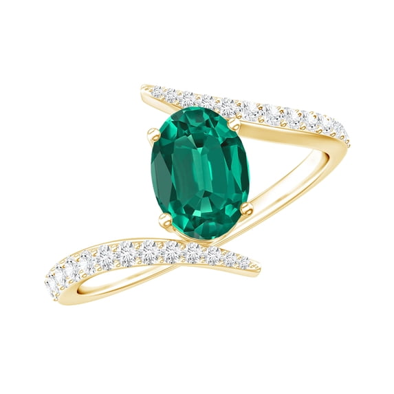 Rosec Jewels Certified Lab Grown Emerald Oval Engagement Ring - AAAA Quality - Emerald Diamond Ring - with Jewelry Box, 18K Yellow Gold, US 7.00