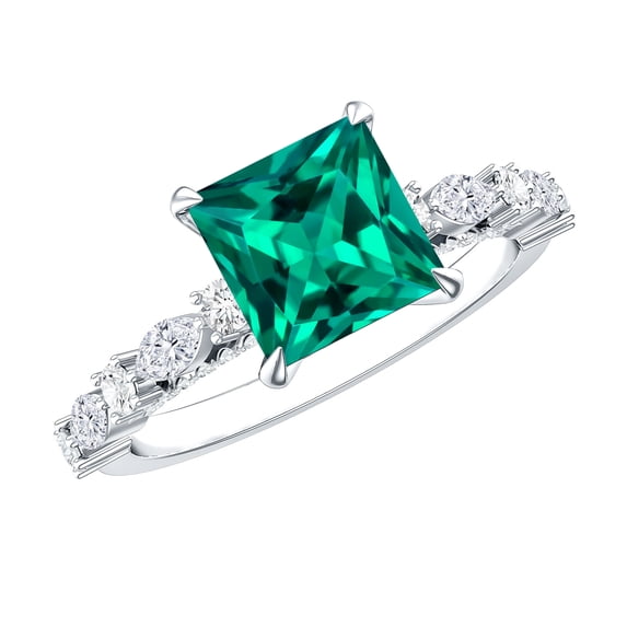 Rosec Jewels Certified Lab Grown Emerald Princess Cut Engagement Ring - Emerald Moissanite Ring (2.4 Carat, AAAA Quality), 925 Sterling Silver, US 4.00