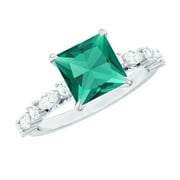 ROSEC JEWELS Certified Lab Grown Emerald Princess Cut Engagement Ring - Emerald Moissanite Ring (8 mm, AAAA Quality), 925 Sterling Silver, US 4.00