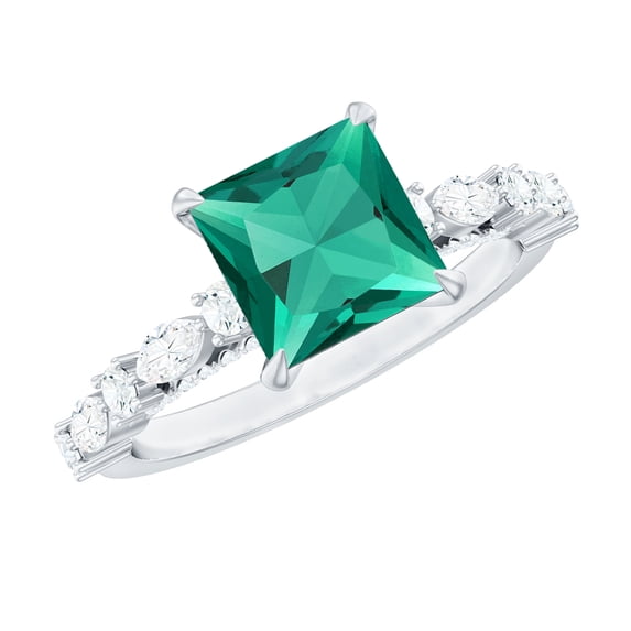 Rosec Jewels Certified Lab Grown Emerald Princess Cut Engagement Ring - Emerald Moissanite Ring (8 mm, AAAA Quality), 925 Sterling Silver, US 6.00