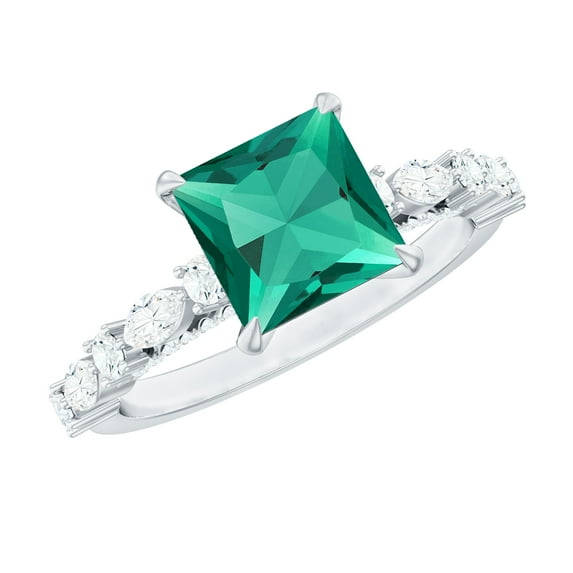 Rosec Jewels Certified Lab Grown Emerald Princess Cut Engagement Ring - Emerald Moissanite Ring (8 mm, AAAA Quality), 925 Sterling Silver, US 7.00
