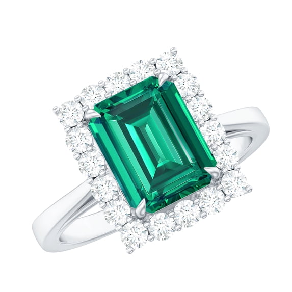 Rosec Jewels Certified Lab Grown Emerald Diamond Engagement Ring for Women - AAAA Grade Certified Emerald Cut Emerald Ring, 14K White Gold, US 8.00