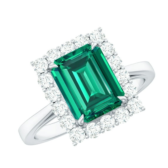 Rosec Jewels Certified Lab Grown Emerald Diamond Engagement Ring for Women - AAAA Grade Certified Emerald Cut Emerald Ring, 18K White Gold, US 11.50