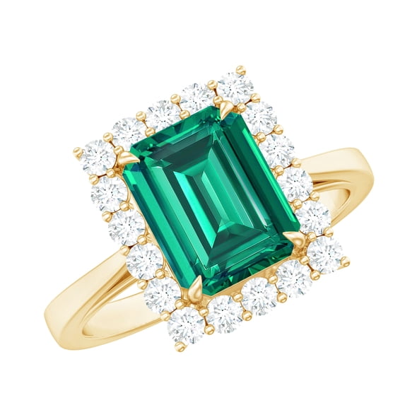Rosec Jewels Certified Lab Grown Emerald Diamond Engagement Ring for Women - AAAA Grade Certified Emerald Cut Emerald Ring, 18K Yellow Gold, US 7.50