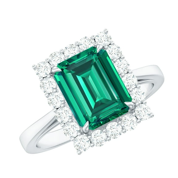 Rosec Jewels Certified Lab Grown Emerald Diamond Engagement Ring for Women - AAAA Grade Certified Emerald Cut Emerald Ring, 925 Sterling Silver, US 4.00