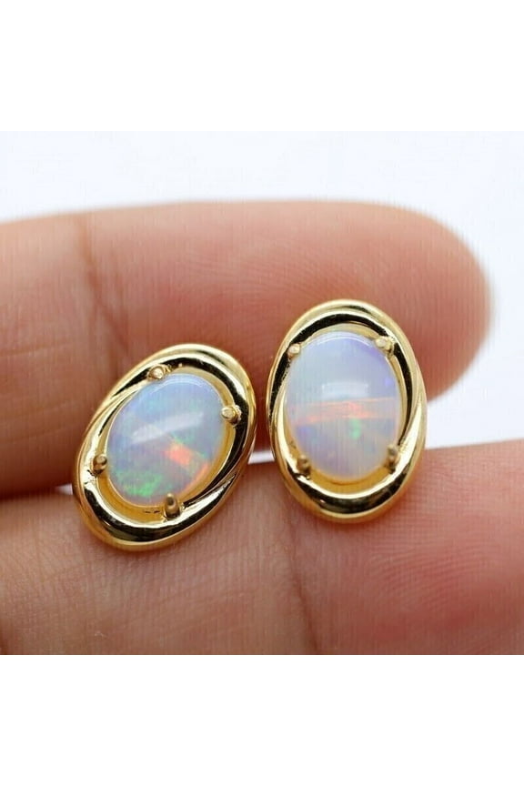 Lab Created Fire Opal 2.80Ct Oval Cut Solitaire Stud Earrings 14k Yellow Gold Plated Silver