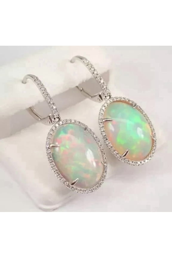 Lab Created Fire Opal 3Ct Oval Cut Halo Drop/Dangle Earrings 14K White Gold Plated