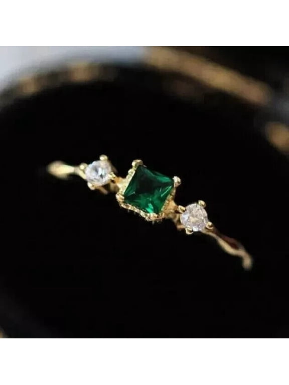 Lab Created Green Emerald 14K Yellow Gold Plated Wedding Ring 2Ct Princess Cut