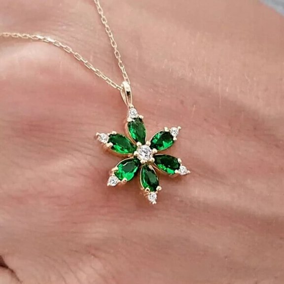 Lab Created Green Emerald 2.00Ct Pear Cut Flower Pendant 14K Yellow Gold Plated