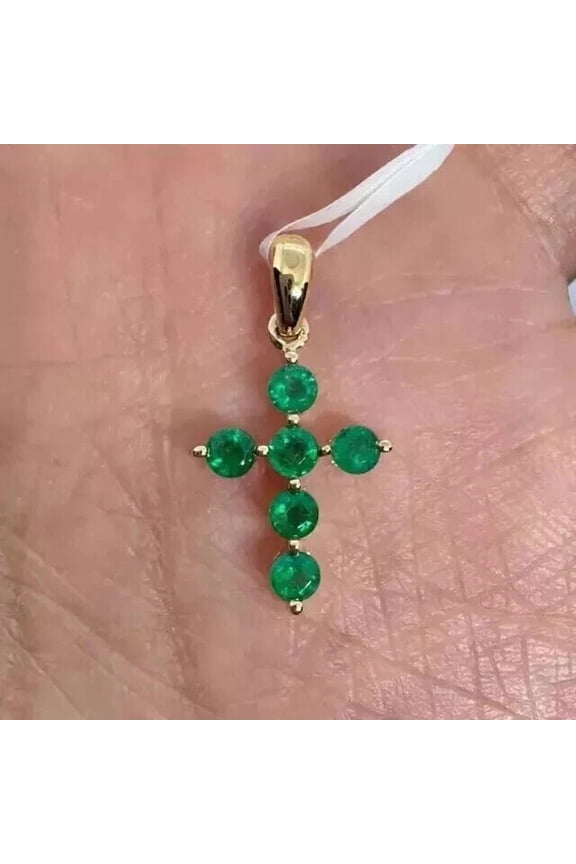Lab Created Green Emerald 3.00Ct Round Cut Cross Pendant 14K Yellow Gold Plated 18''