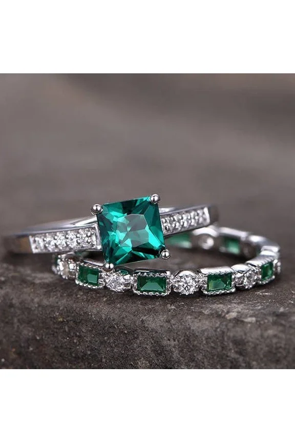 Lab-Created Green Emerald Bridal Set Engagement Wedding Ring 14k White Gold Plated