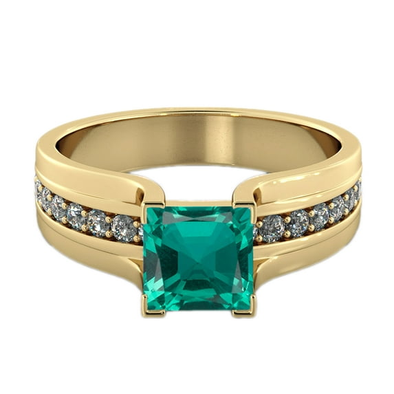 Lab Created Green Emerald Stone 1.20 ctw Ring with Diamonds 14K Yellow Gold Bridge Channel set Princess