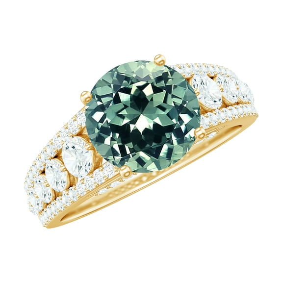 Rosec Jewels Lab Created Green Sapphire Solitaire Statement Ring with Moissanite (AAAA Quality), 10K Yellow Gold, US 9.50