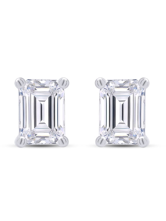 Lab Created Moissanite Diamond Rectangle Stud Earrings, 925 Sterling Silver with 18K White Gold Plating, Jewelry Box Packed With Certificate Of Authenticity