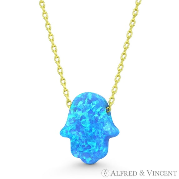 Lab-Created Opal 13x11mm Hamsa Hand Luck Charm Pendant & Chain Necklace in .925 Sterling Silver