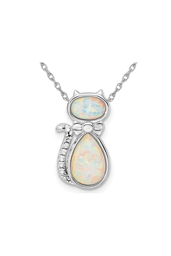 Lab Created Opal Cat Pendant Necklace in Sterling Silver with Chain for Women