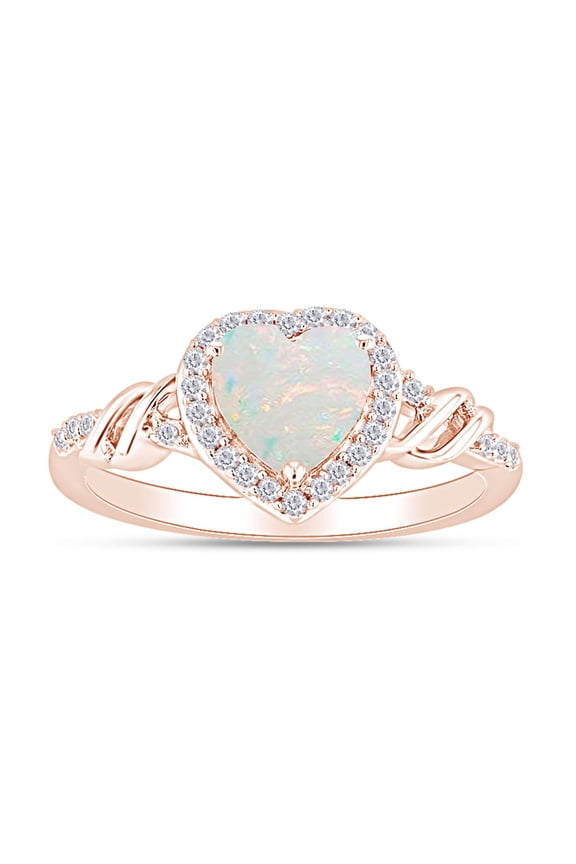 Lab Created Opal Gemstone And Simulated White Sapphire Halo Solitaire Design, Heart Engagement Promise Ring In 14k Rose Gold Over Sterling Silver